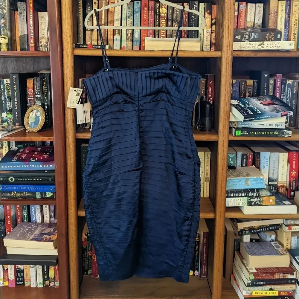 CALVIN Klein navy blue ribbon layered satin dress sz 12 nwt removable straps